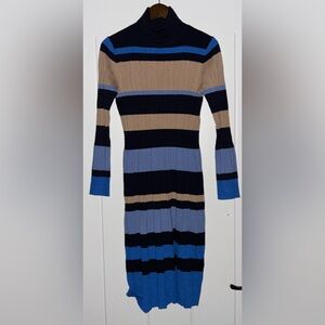 Ann Taylor Stripe Sweater Dress PM Blue Tan Knit Turtleneck Midi Chic Classic‎